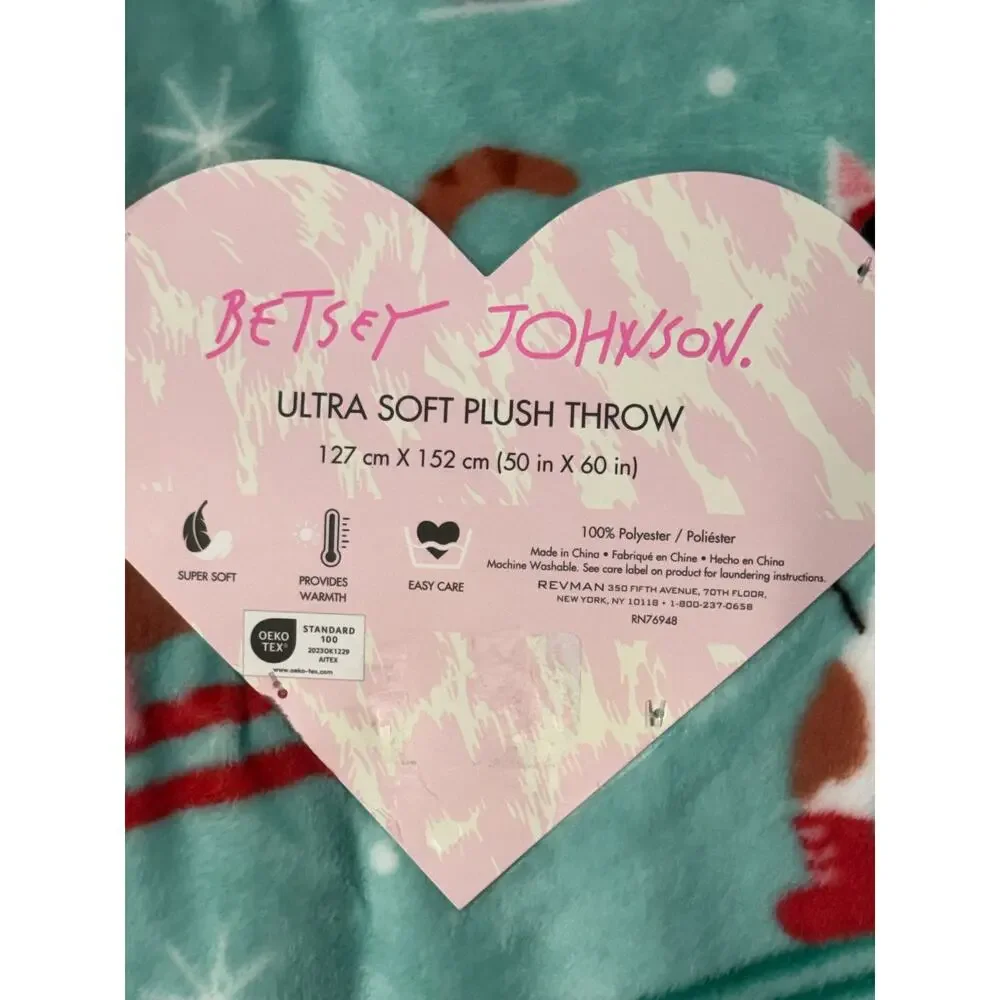Betsey Johnson Ultra-Soft Plush Throw Blanket with Winter Cat Print, NWT